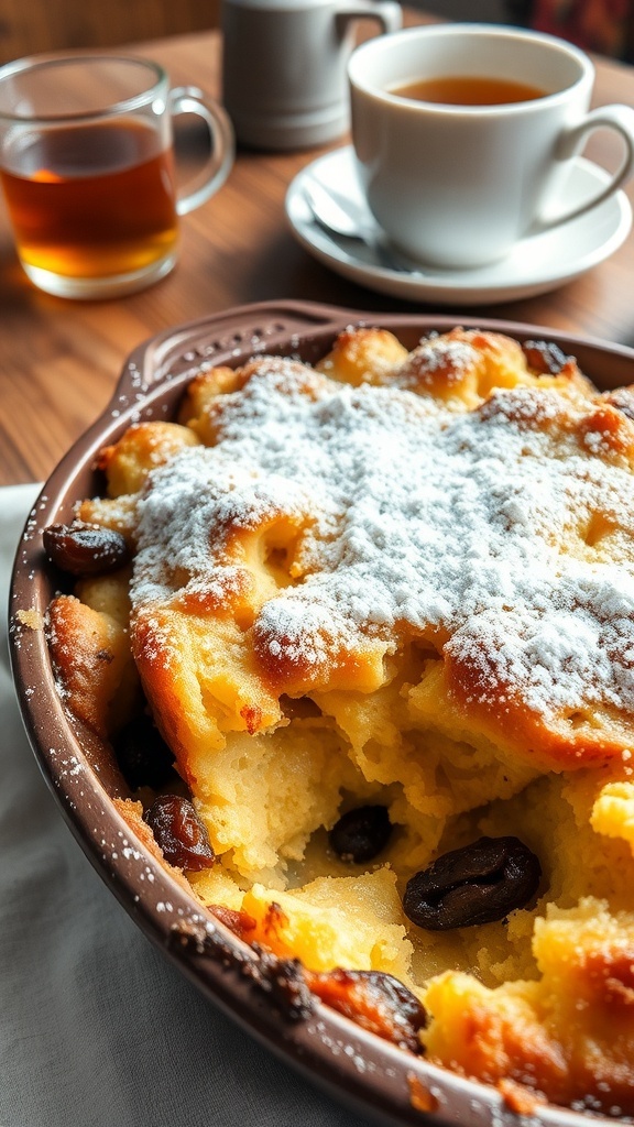 A warm slice of Irish bread pudding dusted with powdered sugar, served in a rustic dish with raisins.